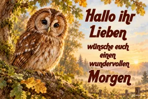 Waldkauz auf einem Ast im goldenen Morgenlicht, Text: Hallo ihr Lieben, wünsche euch einen wundervollen Morgen