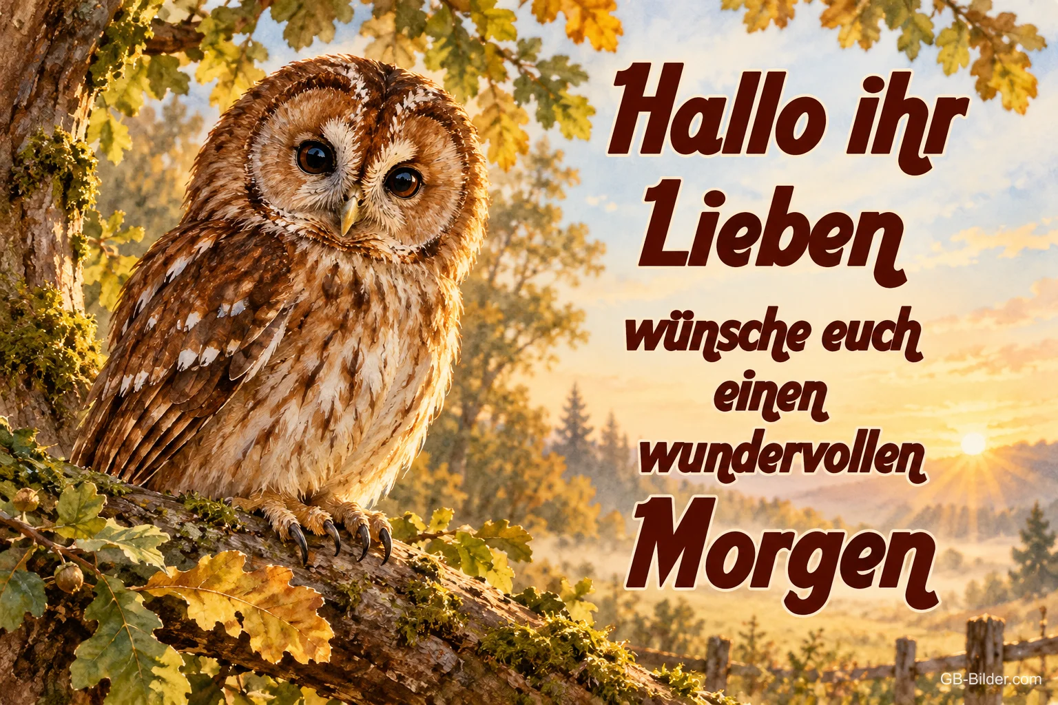 Waldkauz auf einem Ast im goldenen Morgenlicht, Text: Hallo ihr Lieben, wünsche euch einen wundervollen Morgen