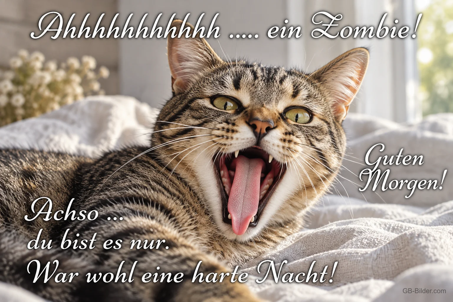 Getigerte Katze reißt erschrocken das Maul auf, Text: Ahhhhhhhhhh ….. ein Zombie! Achso … du bist es nur. War wohl eine harte Nacht! Guten Morgen!