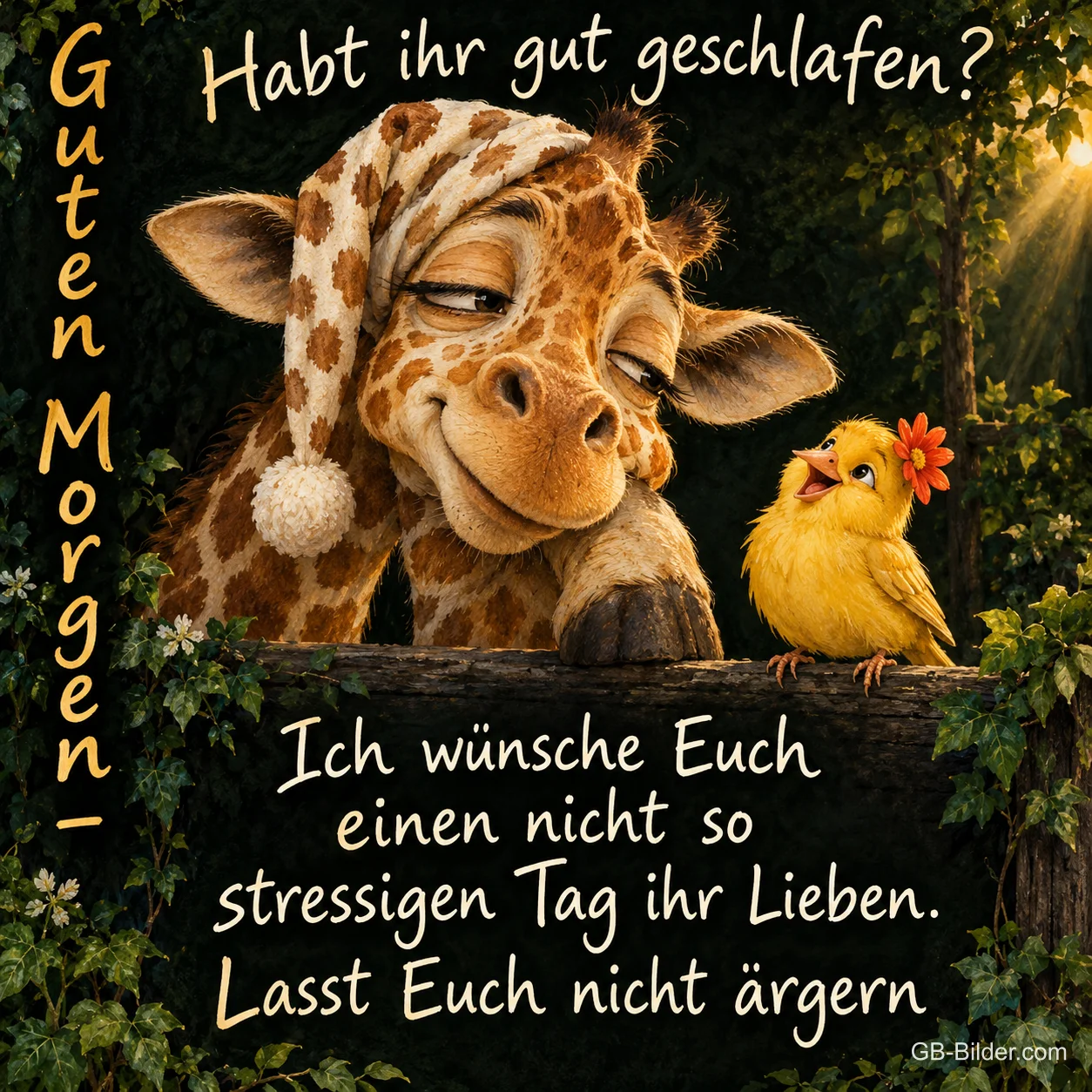Giraffe mit Schlafmütze lächelt einem gelben Vogel auf einem Zaun zu, Text: Guten Morgen – Habt ihr gut geschlafen? Ich wünsche Euch einen nicht so stressigen Tag ihr Lieben. Lasst Euch nicht ärgern