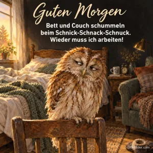 Mürrischer Waldkauz sitzt auf einer Stuhllehne im Schlafzimmer, Text: Guten Morgen – Bett und Couch schummeln beim Schnick-Schnack-Schnuck. Wieder muss ich arbeiten!