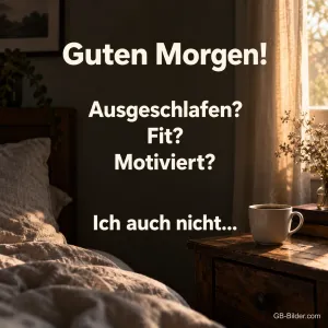 Zerwühltes Bett im Morgenlicht neben einer Tasse Kaffee, Text: Guten Morgen! Ausgeschlafen? Fit? Motiviert? Ich auch nicht…