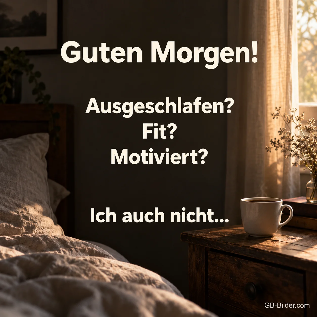 Zerwühltes Bett im Morgenlicht neben einer Tasse Kaffee, Text: Guten Morgen! Ausgeschlafen? Fit? Motiviert? Ich auch nicht…