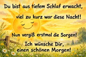 Lächelnde Sonne über einer Blumenwiese, Text: Du bist aus tiefem Schlaf erwacht, viel zu kurz war diese Nacht! Nun vergiß erstmal die Sorgen! Ich wünsche Dir, einen schönen Morgen!