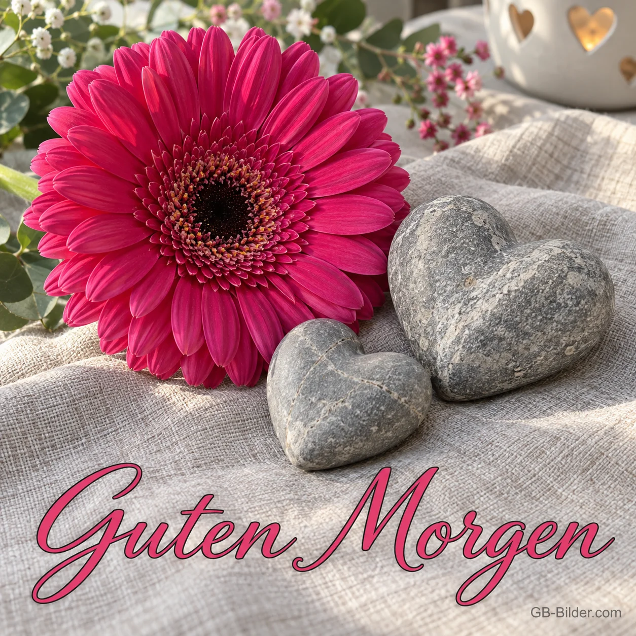 Pinke Gerbera neben zwei Steinherzen auf Leinen, Text: Guten Morgen