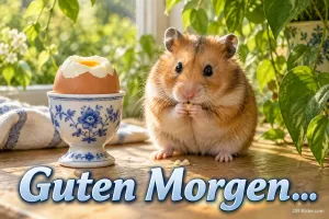 Hamster neben einem Frühstücksei im blauen Eierbecher, Text: Guten Morgen…
