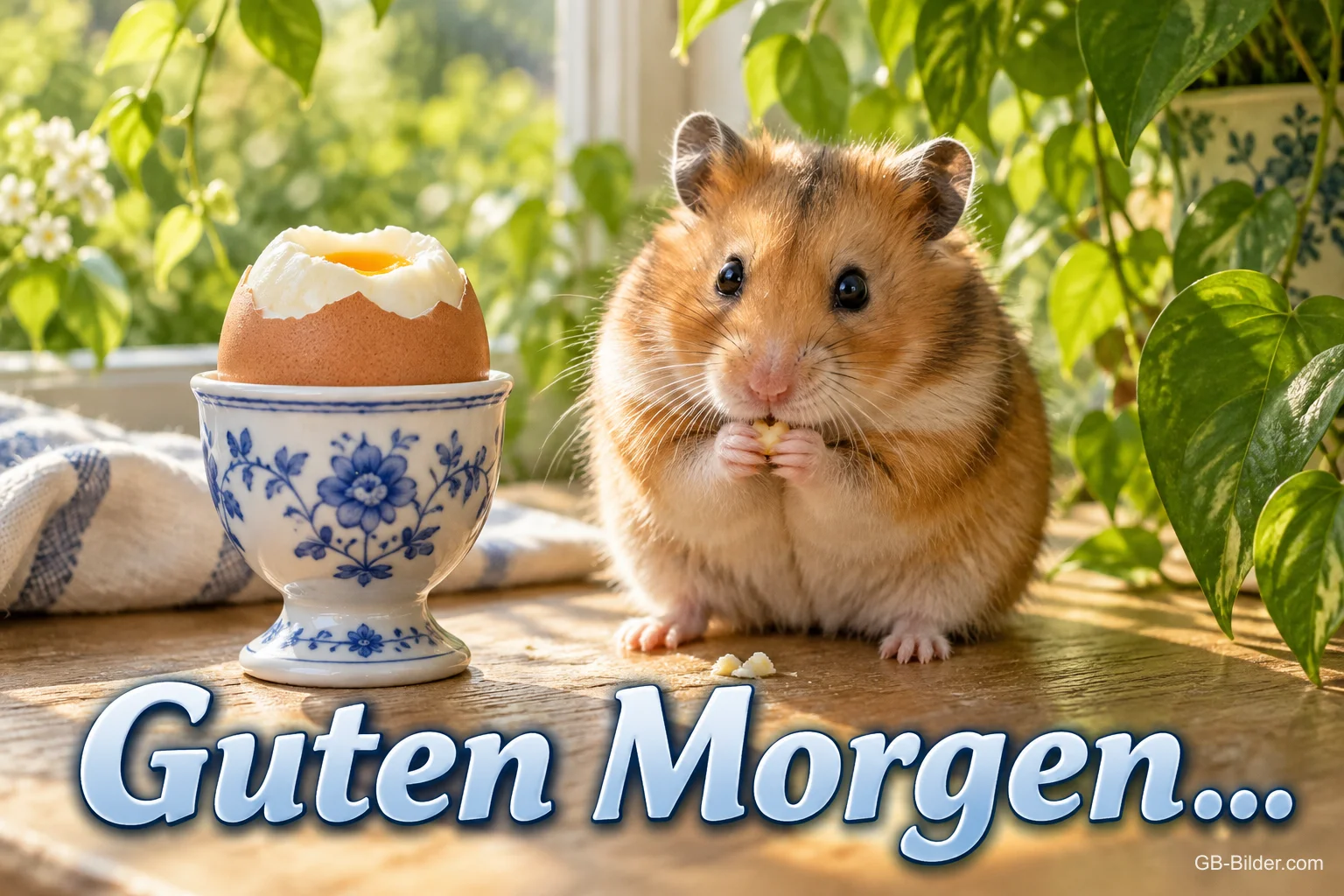 Hamster neben einem Frühstücksei im blauen Eierbecher, Text: Guten Morgen…