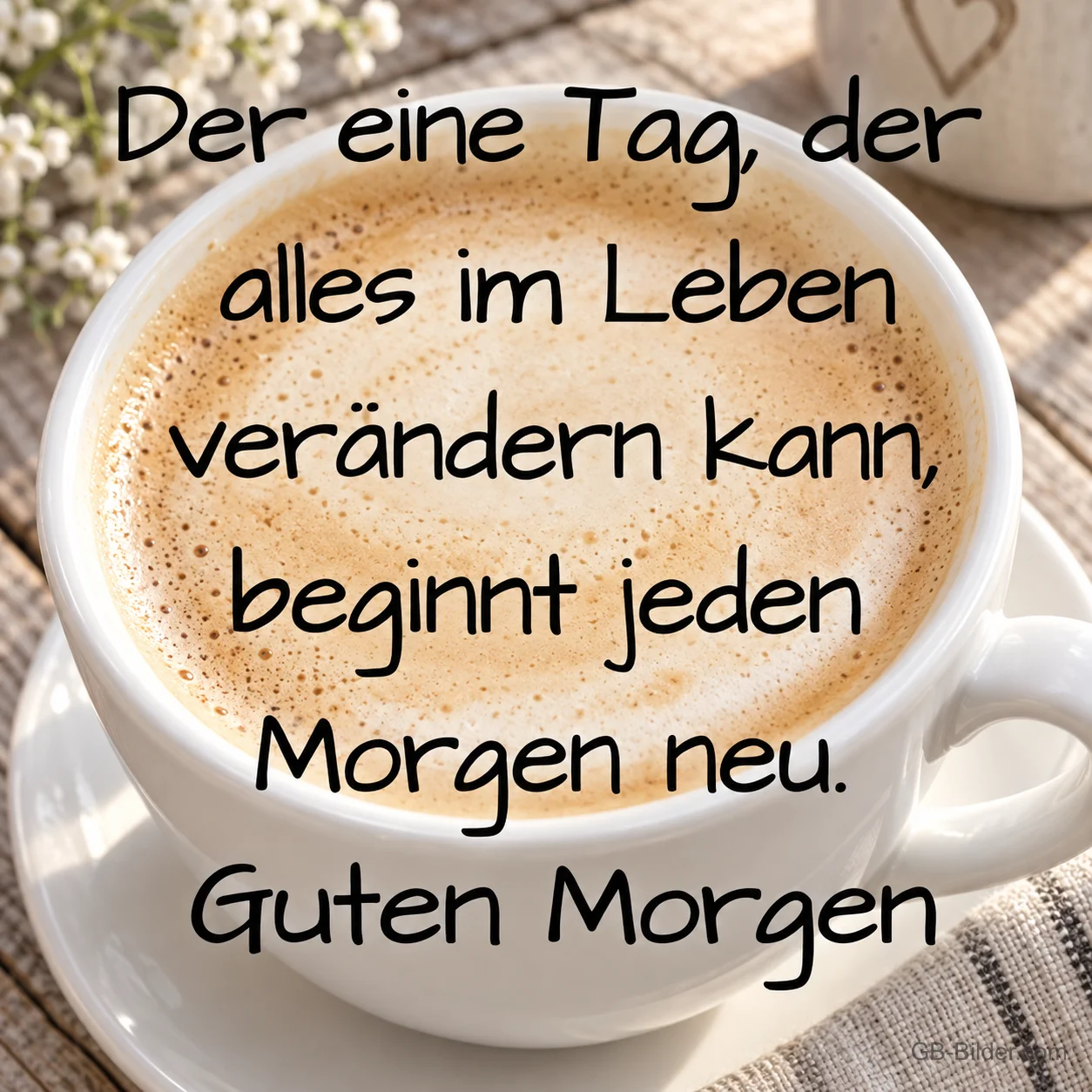 Tasse Cappuccino mit Milchschaum, Text: Der eine Tag, der alles im Leben verändern kann, beginnt jeden Morgen neu. Guten Morgen