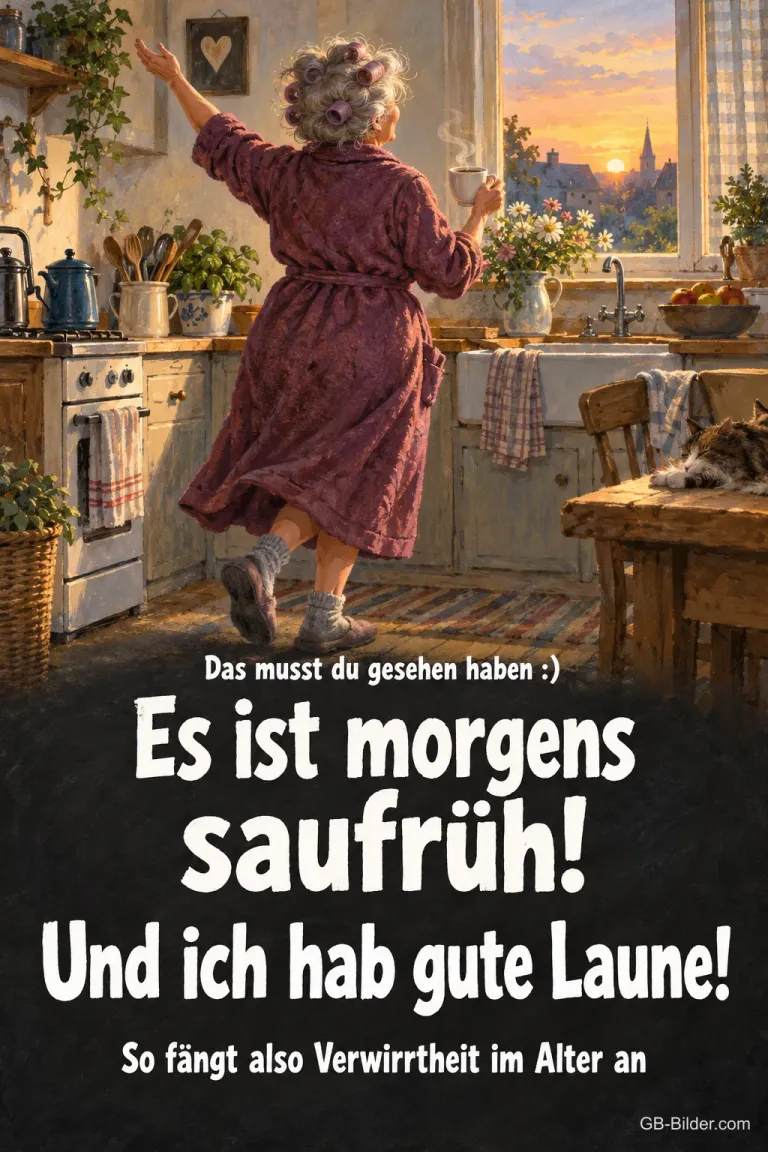 Ältere Frau mit Lockenwicklern tanzt mit Kaffeetasse in der Küche, Text: Das musst du gesehen haben :) Es ist morgens saufrüh! Und ich hab gute Laune! So fängt also Verwirrtheit im Alter an