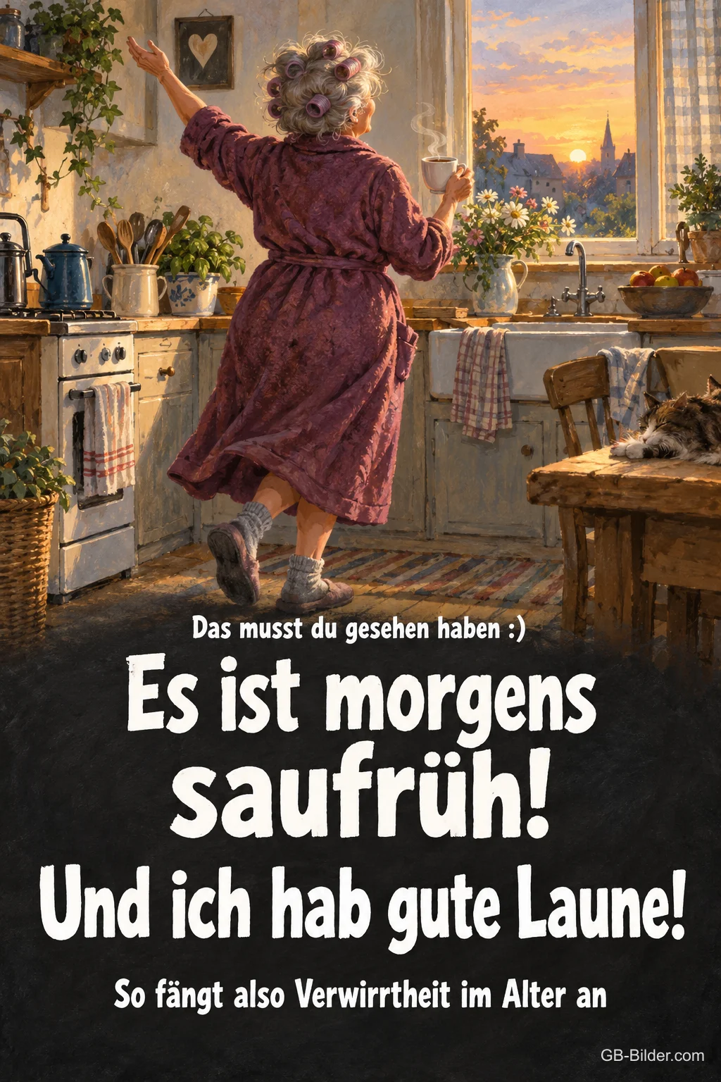 Ältere Frau mit Lockenwicklern tanzt mit Kaffeetasse in der Küche, Text: Das musst du gesehen haben :) Es ist morgens saufrüh! Und ich hab gute Laune! So fängt also Verwirrtheit im Alter an
