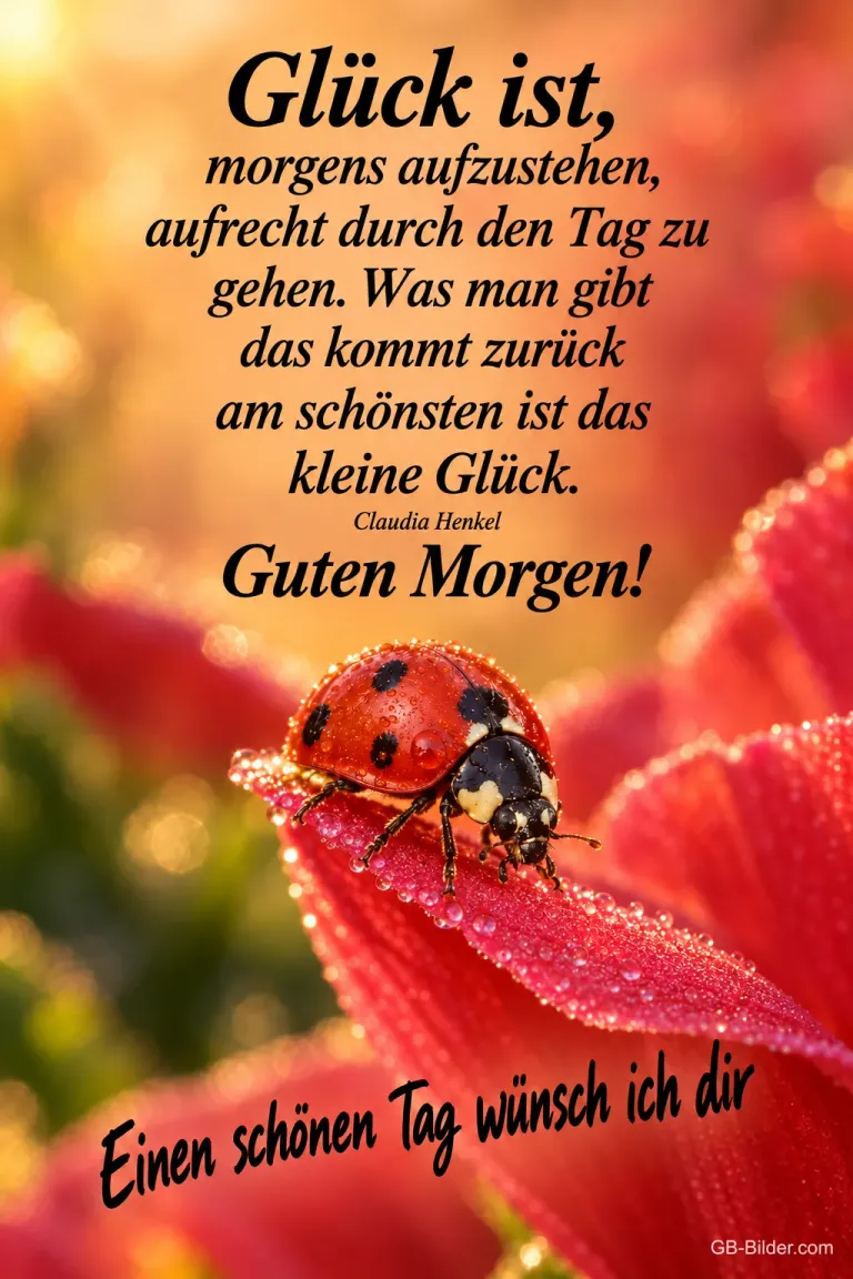 Marienkäfer auf einem roten Blütenblatt, Text: Glück ist, morgens aufzustehen, aufrecht durch den Tag zu gehen. Was man gibt das kommt zurück, am schönsten ist das kleine Glück. Guten Morgen! Einen schönen Tag wünsch ich dir – Claudia Henkel