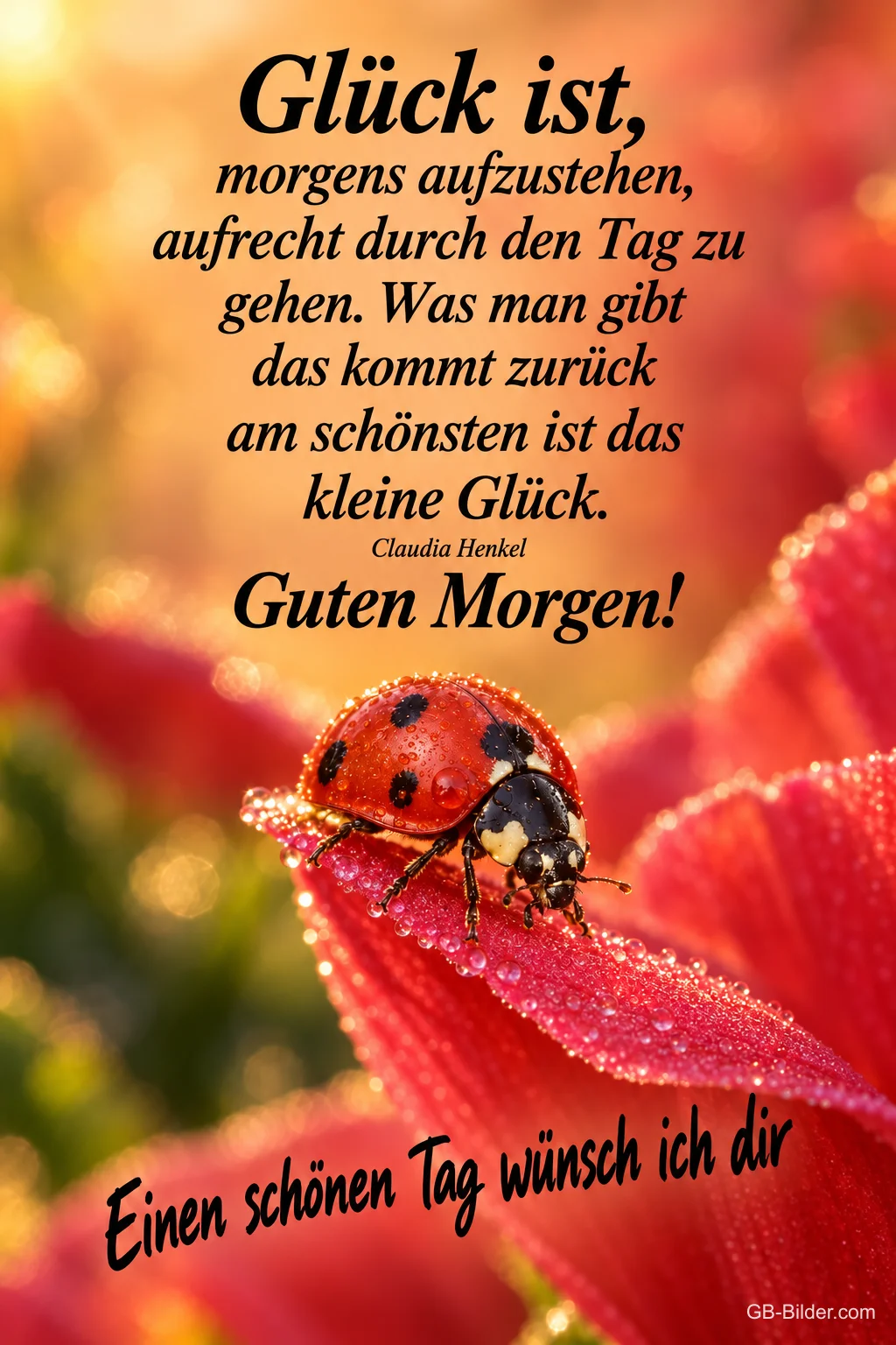 Marienkäfer auf einem roten Blütenblatt, Text: Glück ist, morgens aufzustehen, aufrecht durch den Tag zu gehen. Was man gibt das kommt zurück, am schönsten ist das kleine Glück. Guten Morgen! Einen schönen Tag wünsch ich dir – Claudia Henkel
