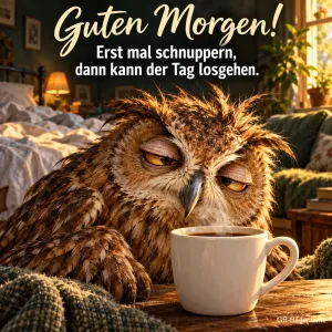 Verschlafene Eule schnuppert an einer Kaffeetasse im Schlafzimmer, Text: Guten Morgen! Erst mal schnuppern, dann kann der Tag losgehen.
