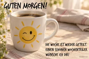 Weiße Tasse Kaffee mit zwinkernder Sonne auf einer Zeitung, Text: GUTEN MORGEN! DIE WOCHE IST WIEDER GETEILT. EINEN SCHÖNEN WOCHENTEILER WÜNSCHE ICH DIR!