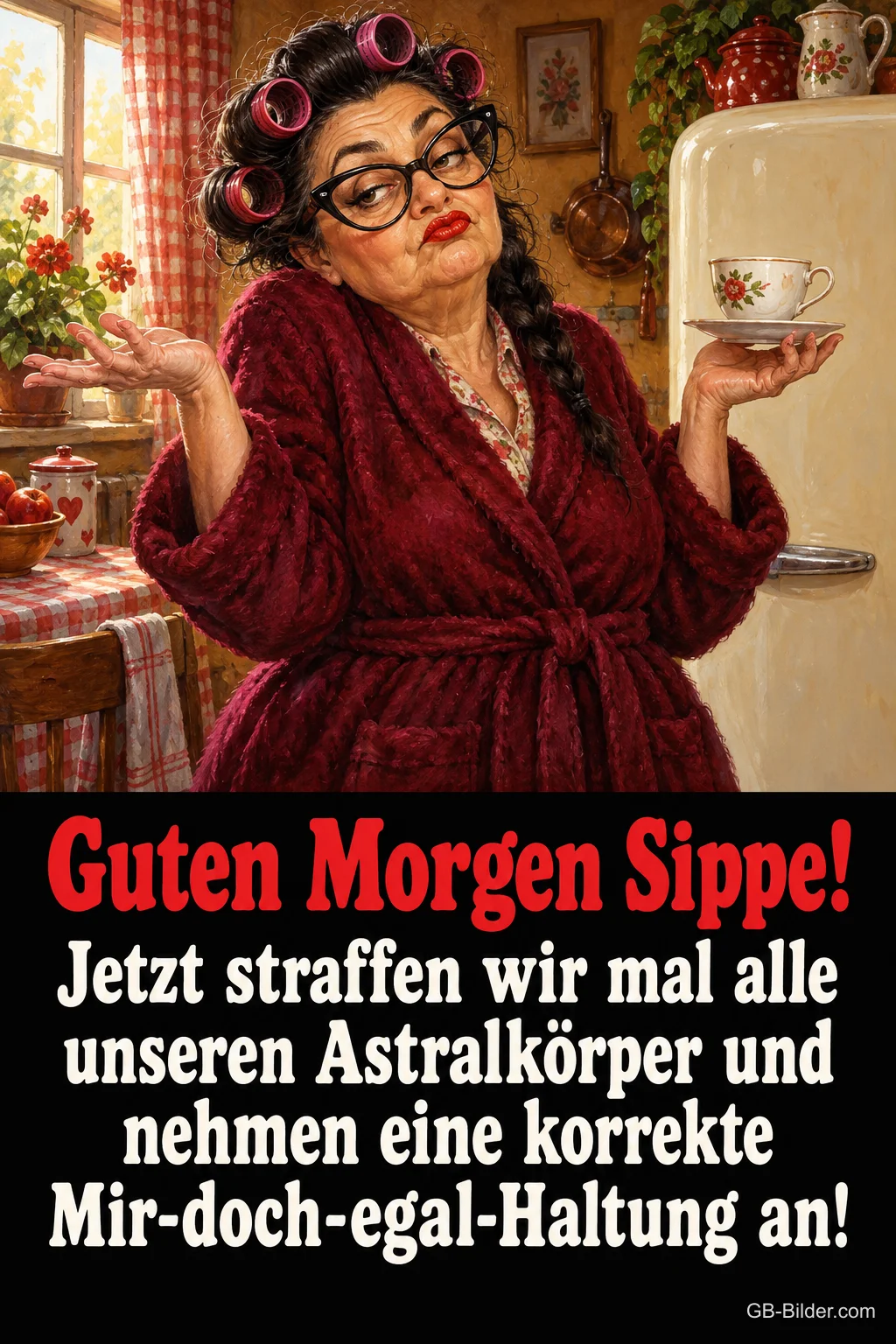 Frau mit Lockenwicklern und Bademantel hält eine Teetasse und zuckt mit den Schultern, Text: Guten Morgen Sippe! Jetzt straffen wir mal alle unseren Astralkörper und nehmen eine korrekte Mir-doch-egal-Haltung an!