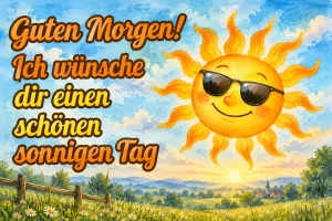 Lachende Sonne mit Sonnenbrille über einer Landschaft, Text: Guten Morgen! Ich wünsche dir einen schönen sonnigen Tag
