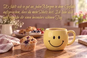 Gelbe Smiley-Tasse neben Muffins auf dem Tisch, Text: Es fühlt sich so gut an, jeden Morgen in dem Gefühl aufzuwachen, dass du mein Schatz bist. Ich liebe dich und wünsche dir einen besonders schönen Tag.