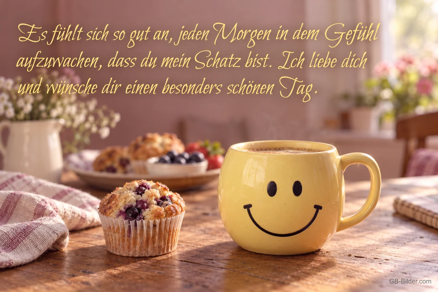 Gelbe Smiley-Tasse neben Muffins auf dem Tisch, Text: Es fühlt sich so gut an, jeden Morgen in dem Gefühl aufzuwachen, dass du mein Schatz bist. Ich liebe dich und wünsche dir einen besonders schönen Tag.