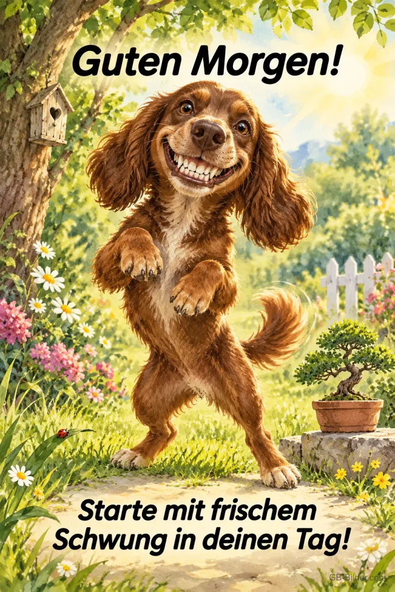 Brauner Spaniel tanzt grinsend auf den Hinterbeinen neben einem Bonsai, Text: Guten Morgen! Starte mit frischem Schwung in deinen Tag!