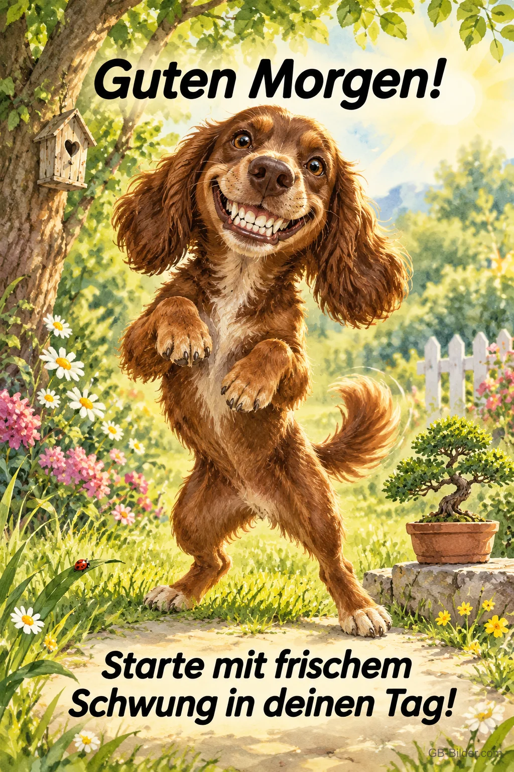 Brauner Spaniel tanzt grinsend auf den Hinterbeinen neben einem Bonsai, Text: Guten Morgen! Starte mit frischem Schwung in deinen Tag!