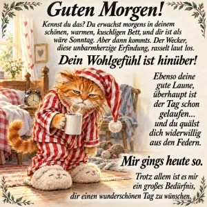 Rote Katze im gestreiften Schlafanzug hält missmutig eine Kaffeetasse, Text: Guten Morgen! Kennst du das? Du erwachst morgens in deinem schönen, warmen, kuschligen Bett, und dir ist als wäre Sonntag. Aber dann kommts. Der Wecker, diese unbarmherzige Erfindung, rasselt laut los. Dein Wohlgefühl ist hinüber! Ebenso deine gute Laune, überhaupt ist der Tag schon gelaufen... und du quälst dich widerwillig aus den Federn. Mir gings heute so. Trotz allem ist es mir ein großes Bedürfnis, dir einen wunde