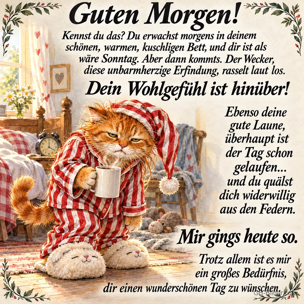 Rote Katze im gestreiften Schlafanzug hält missmutig eine Kaffeetasse, Text: Guten Morgen! Kennst du das? Du erwachst morgens in deinem schönen, warmen, kuschligen Bett, und dir ist als wäre Sonntag. Aber dann kommts. Der Wecker, diese unbarmherzige Erfindung, rasselt laut los. Dein Wohlgefühl ist hinüber! Ebenso deine gute Laune, überhaupt ist der Tag schon gelaufen... und du quälst dich widerwillig aus den Federn. Mir gings heute so. Trotz allem ist es mir ein großes Bedürfnis, dir einen wunde