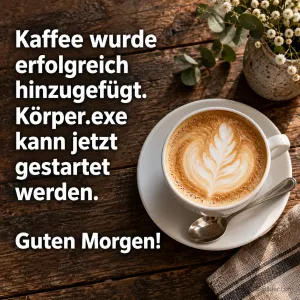 Cappuccino mit Latte Art auf einem Holztisch, Text: Kaffee wurde erfolgreich hinzugefügt. Körper.exe kann jetzt gestartet werden. Guten Morgen!