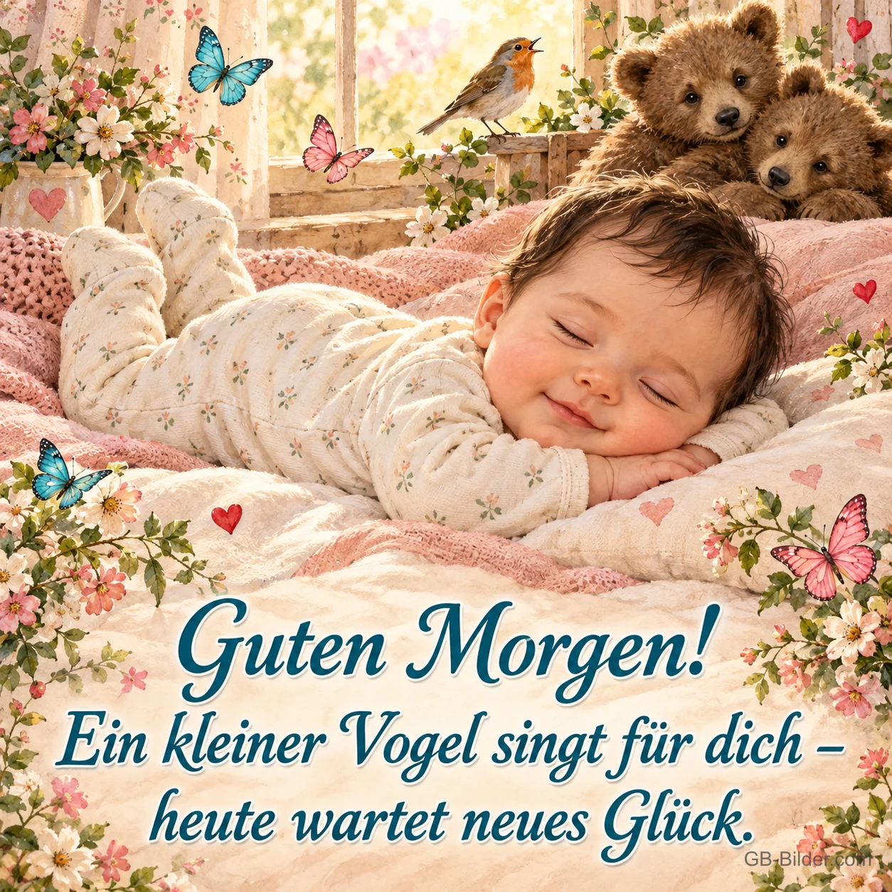 Lächelndes Baby schläft auf einem Kissen, Rotkehlchen und Teddys, Text: Guten Morgen! Ein kleiner Vogel singt für dich – heute wartet neues Glück.