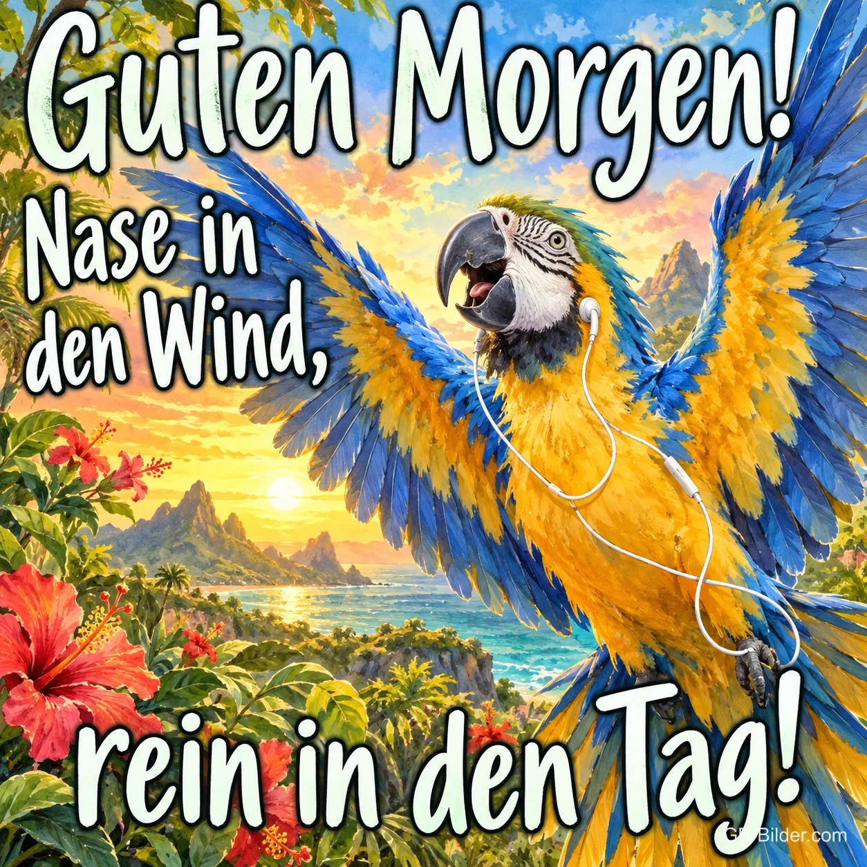 Blau-gelber Ara mit Kopfhörern breitet jubelnd die Flügel aus, Text: Guten Morgen! Nase in den Wind, rein in den Tag!