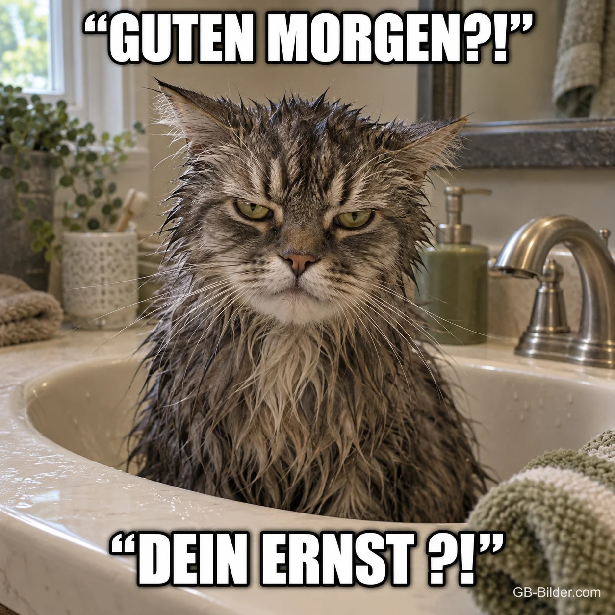 Mürrische nasse Katze sitzt im Waschbecken, Text: "GUTEN MORGEN?!" "DEIN ERNST?!"