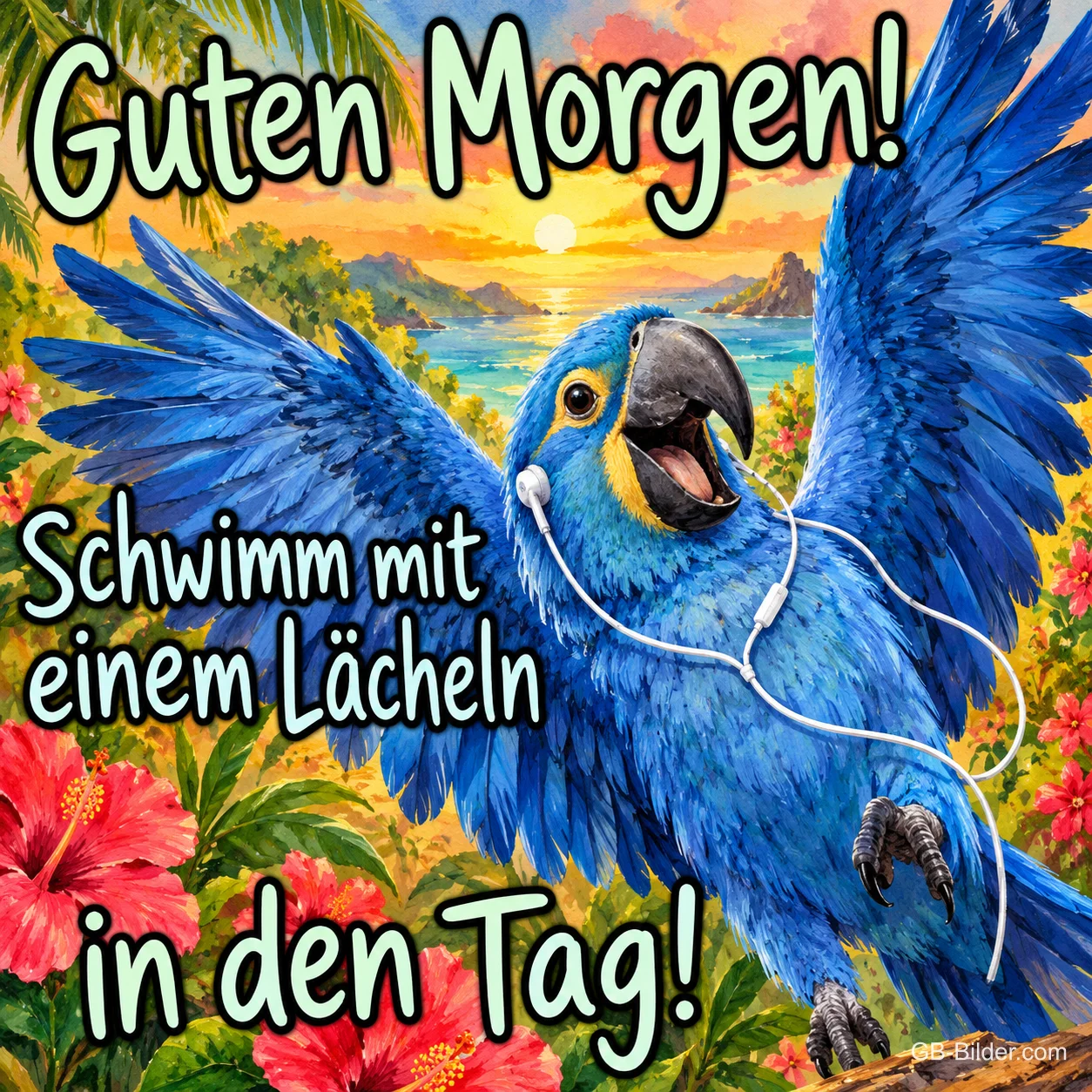 Blauer Ara mit Kopfhörern jubelt zwischen Hibiskusblüten am Meer, Text: Guten Morgen! Schwimm mit einem Lächeln in den Tag!