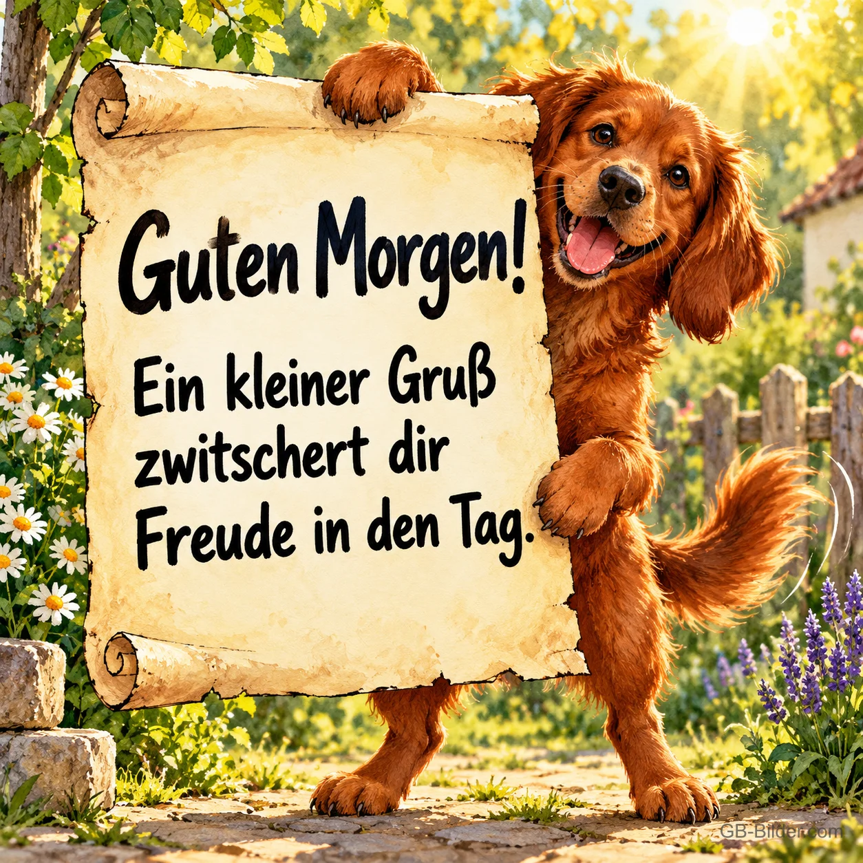 Brauner Hund hält lachend eine große Schriftrolle im Garten, Text: Guten Morgen! Ein kleiner Gruß zwitschert dir Freude in den Tag. Brauner Hund hält lachend eine große Schriftrolle im Garten, Text: Guten Morgen! Ein kleiner Gruß zwitschert dir Freude in den Tag.