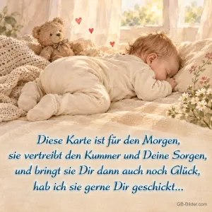 Baby schläft auf einer Decke, daneben ein Teddybär, Text: Diese Karte ist für den Morgen, sie vertreibt den Kummer und Deine Sorgen, und bringt sie Dir dann auch noch Glück, hab ich sie gerne Dir geschickt…