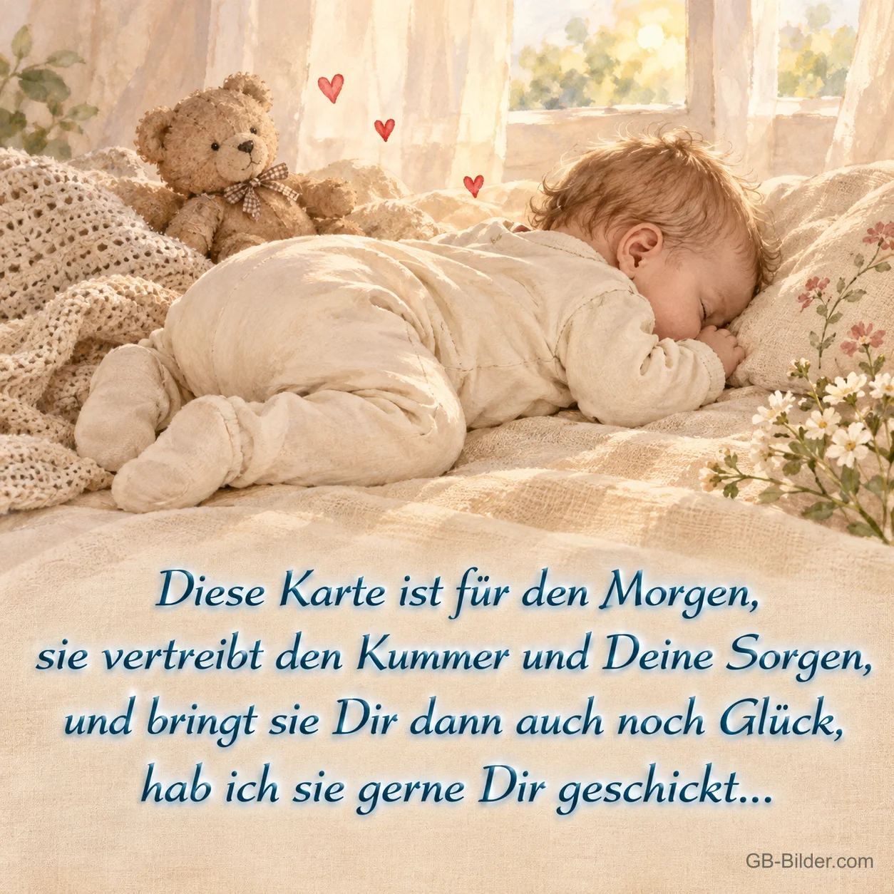 Baby schläft auf einer Decke, daneben ein Teddybär, Text: Diese Karte ist für den Morgen, sie vertreibt den Kummer und Deine Sorgen, und bringt sie Dir dann auch noch Glück, hab ich sie gerne Dir geschickt…