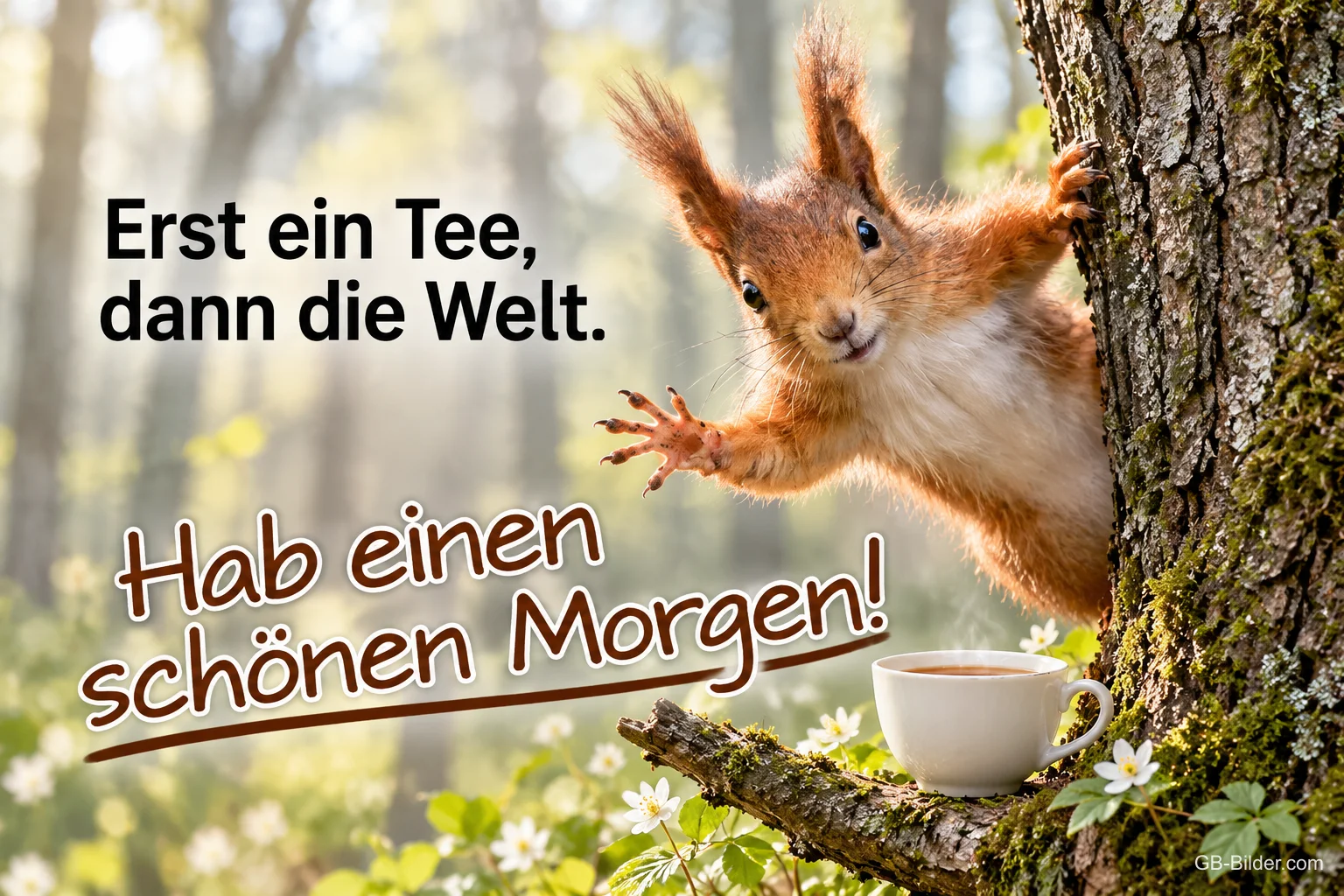 Eichhörnchen schaut neugierig hinter einem Baumstamm hervor, Teetasse, Text: Erst ein Tee, dann die Welt. Hab einen schönen Morgen!