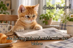 Rotes Kätzchen mit Brille liest Zeitung am Frühstückstisch, Text: Guten Morgen! Die Zeitung ist auch nicht mehr das Wahre