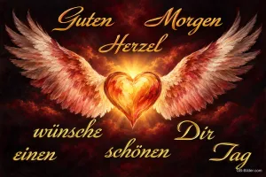 Leuchtendes Herz mit Flügeln auf dunklem Grund, Text: Guten Morgen Herzel – wünsche Dir einen schönen Tag