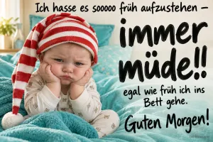 Mürrisches Baby mit rot-weißer Zipfelmütze stützt den Kopf auf einer Decke, Text: Ich hasse es sooooo früh aufzustehen – immer müde!! egal wie früh ich ins Bett gehe. Guten Morgen!