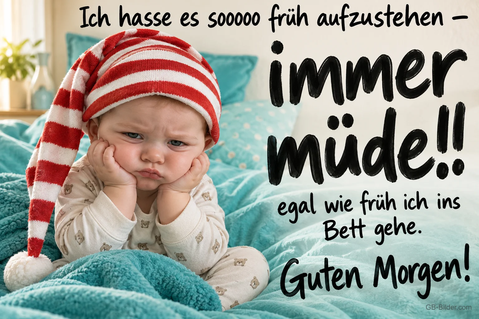 Mürrisches Baby mit rot-weißer Zipfelmütze stützt den Kopf auf einer Decke, Text: Ich hasse es sooooo früh aufzustehen – immer müde!! egal wie früh ich ins Bett gehe. Guten Morgen!