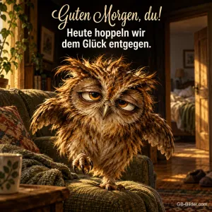Zerzauste Eule sitzt verschlafen auf dem Sofa, Text: Guten Morgen, du! Heute hoppeln wir dem Glück entgegen.
