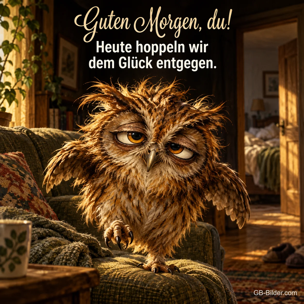 Zerzauste Eule sitzt verschlafen auf dem Sofa, Text: Guten Morgen, du! Heute hoppeln wir dem Glück entgegen.