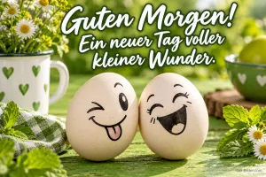 Zwei Eier mit lachenden Gesichtern auf einem Gartentisch, Text: Guten Morgen! Ein neuer Tag voller kleiner Wunder.