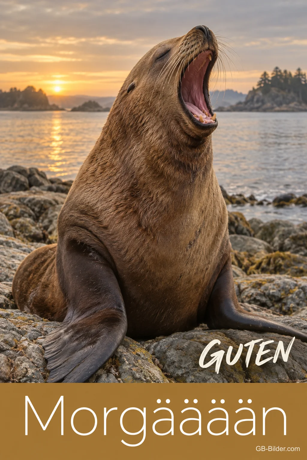 Seelöwe gähnt auf einem Felsen am Meer, Text: GUTEN Morgääääan