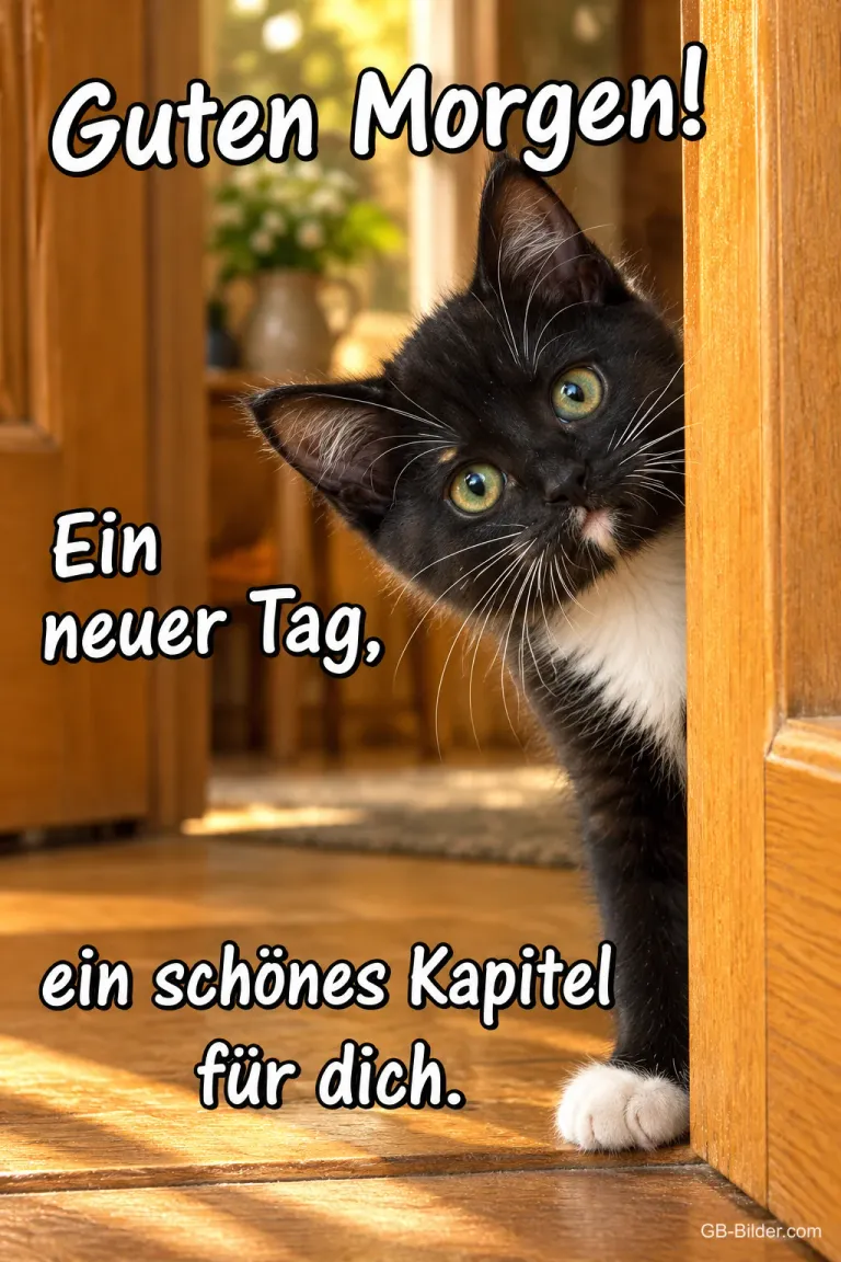Schwarz-weißes Kätzchen schaut neugierig um eine Holztür, Text: Guten Morgen! Ein neuer Tag, ein schönes Kapitel für dich.