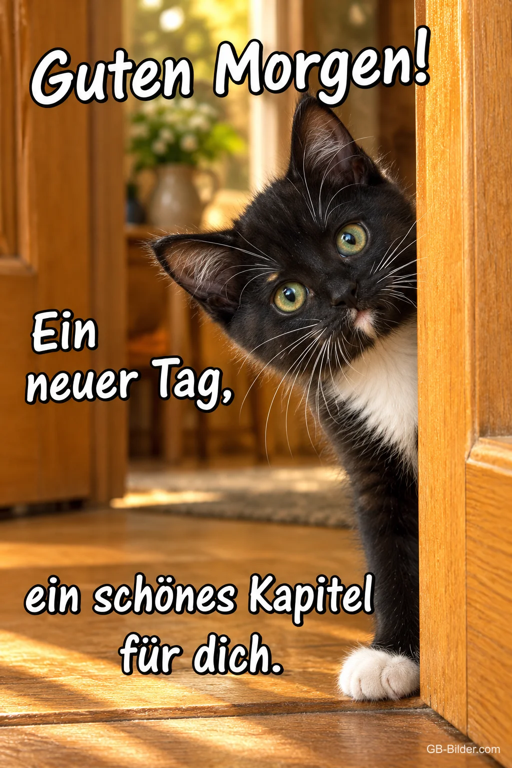 Schwarz-weißes Kätzchen schaut neugierig um eine Holztür, Text: Guten Morgen! Ein neuer Tag, ein schönes Kapitel für dich.