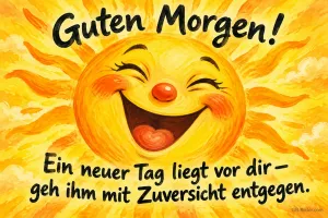 Große lachende Sonne mit roter Nase, Text: Guten Morgen! Ein neuer Tag liegt vor dir – geh ihm mit Zuversicht entgegen.