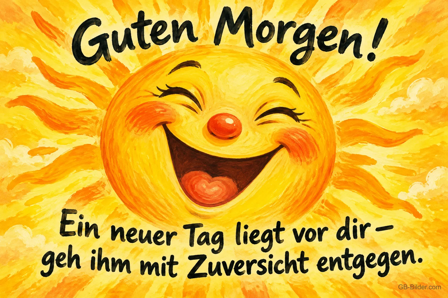 Große lachende Sonne mit roter Nase, Text: Guten Morgen! Ein neuer Tag liegt vor dir – geh ihm mit Zuversicht entgegen.