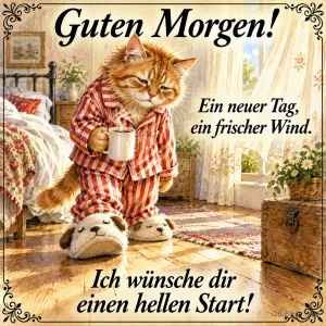 Roter Kater im gestreiften Schlafanzug mit Kaffeetasse und Hausschuhen, Text: Guten Morgen! Ein neuer Tag, ein frischer Wind. Ich wünsche dir einen hellen Start!