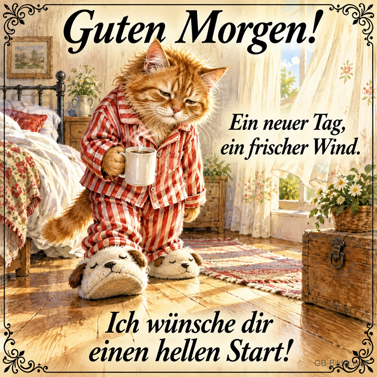 Roter Kater im gestreiften Schlafanzug mit Kaffeetasse und Hausschuhen, Text: Guten Morgen! Ein neuer Tag, ein frischer Wind. Ich wünsche dir einen hellen Start! Roter Kater im gestreiften Schlafanzug mit Kaffeetasse und Hausschuhen, Text: Guten Morgen! Ein neuer Tag, ein frischer Wind. Ich wünsche dir einen hellen Start!