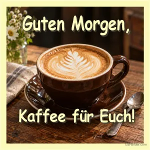 Cappuccino mit Milchschaum auf einem Holztisch, Text: Guten Morgen, Kaffee für Euch!